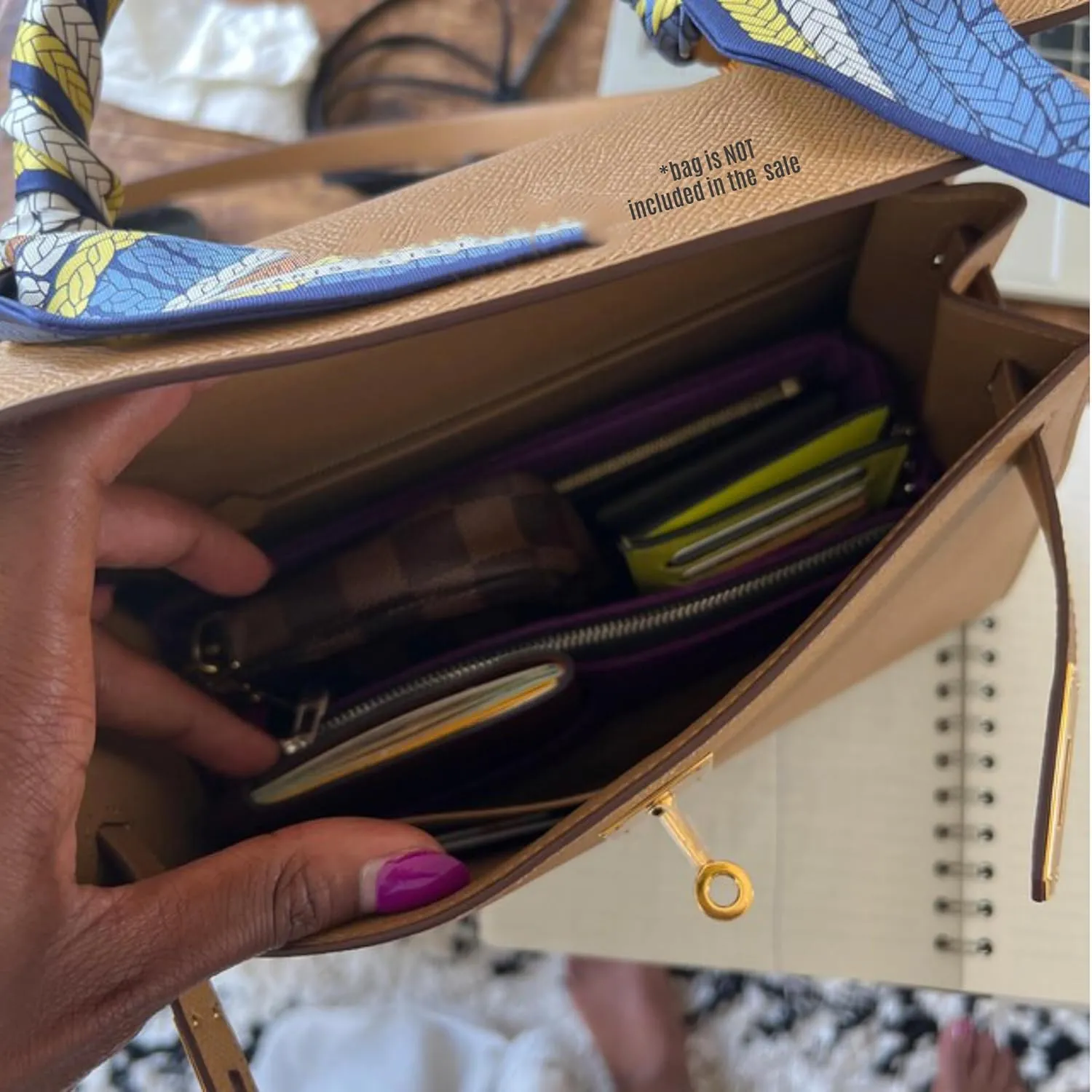 Premium Purse Organizer fits Kelly 25 Bag Organizer, for 35 Kelly 32 Insert Organizer, Kelly 28 Bag Insert, Handmade 2mm Thick Felt Insert Snug Sturdy Gold Zipper (For Kelly 20, Geyser Blue)