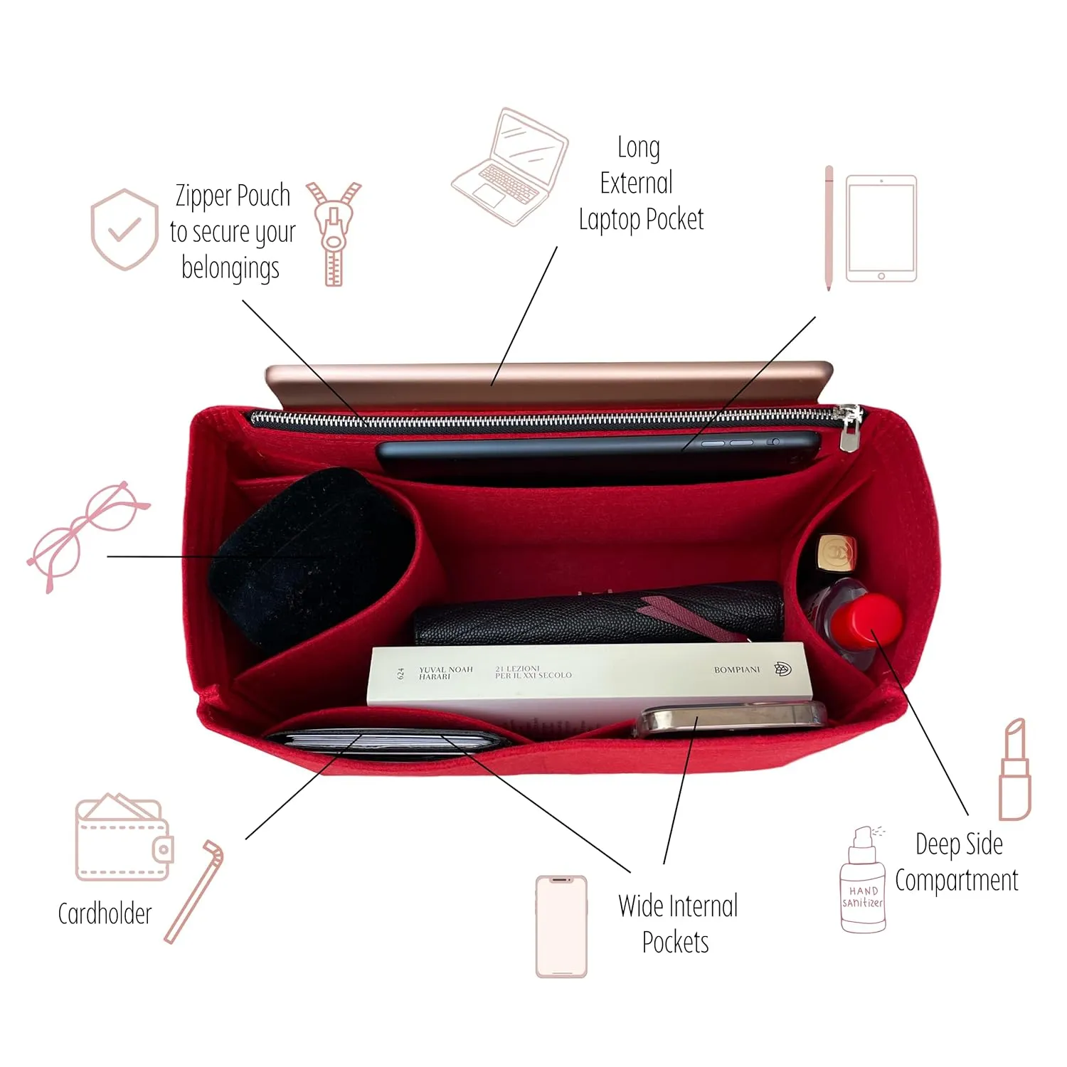 Premium Purse Organizer for Bride-a-brac Insert, PM Bride-a-brac case organizer, Trousse Bride A Brac GM Organizer, 2mm Thick Felt Snug Sturdy (For Large Bride-a-Brac (GM), Geyser Blue)
