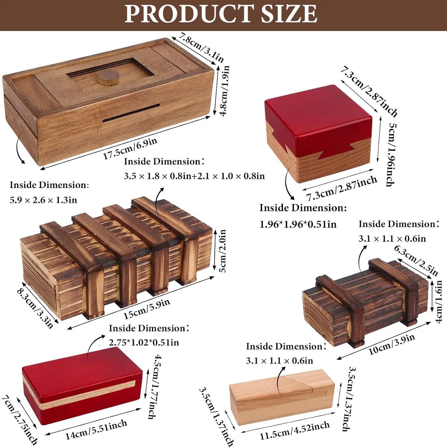 Puzzle Box 6 Pack Wooden Secret Puzzle Box with Hidden Compartment 3D Brain Teaser Magic Drawers Secret Magic Box Wooden Box Puzzle Case Difficult Puzzle Box Gift Card Puzzle Box for Adults and Kids