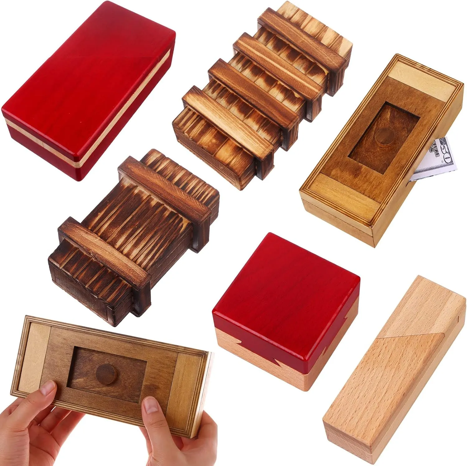Puzzle Box 6 Pack Wooden Secret Puzzle Box with Hidden Compartment 3D Brain Teaser Magic Drawers Secret Magic Box Wooden Box Puzzle Case Difficult Puzzle Box Gift Card Puzzle Box for Adults and Kids