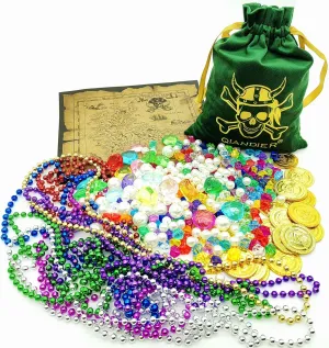Qiandier 328pcs Pirate Treasure Jewels Bags Party Favors Supplies Acrylic Gems Multicolor Diamonds Gold Coins Assorted Colors Beaded Necklace Treasure Map Playset Pirates Party Decor