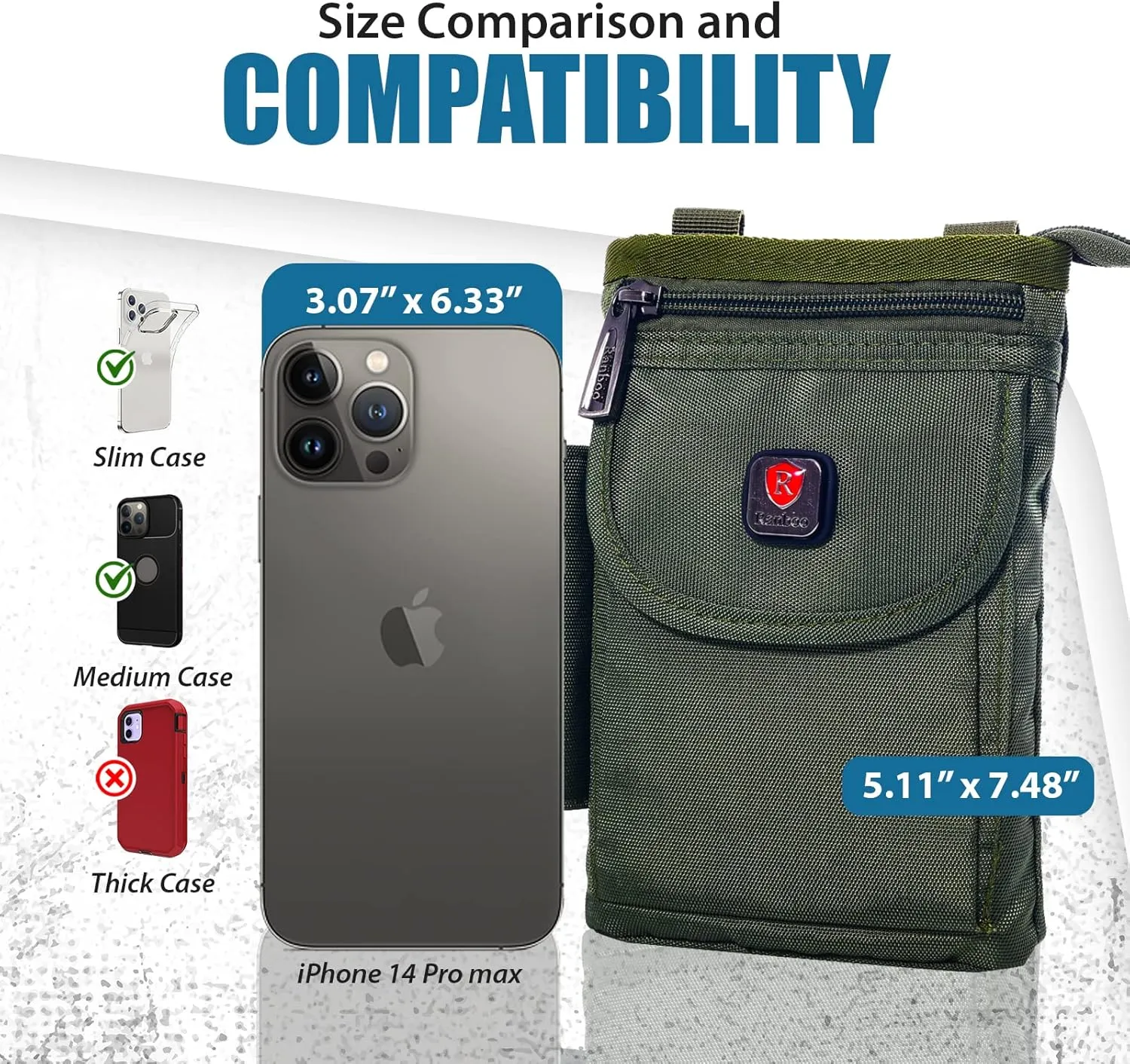 Ranboo Nylon Phone Belt Pouch Fit for iPhone 16 Pro Max 15 Pro Max 14 13 12 Pro Max Samsung Galaxy S25 Plus S24 Ultra S23 Ultra Holster Case with Belt Clip Crossbody Cell Phone Purse Waist Bag (Green)