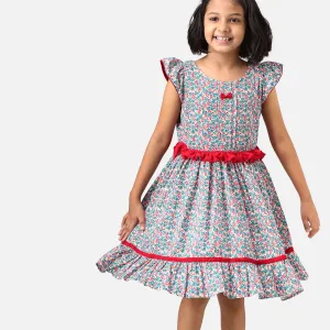 Red & Green Floral Print GirlsDress With Ruffle Belt