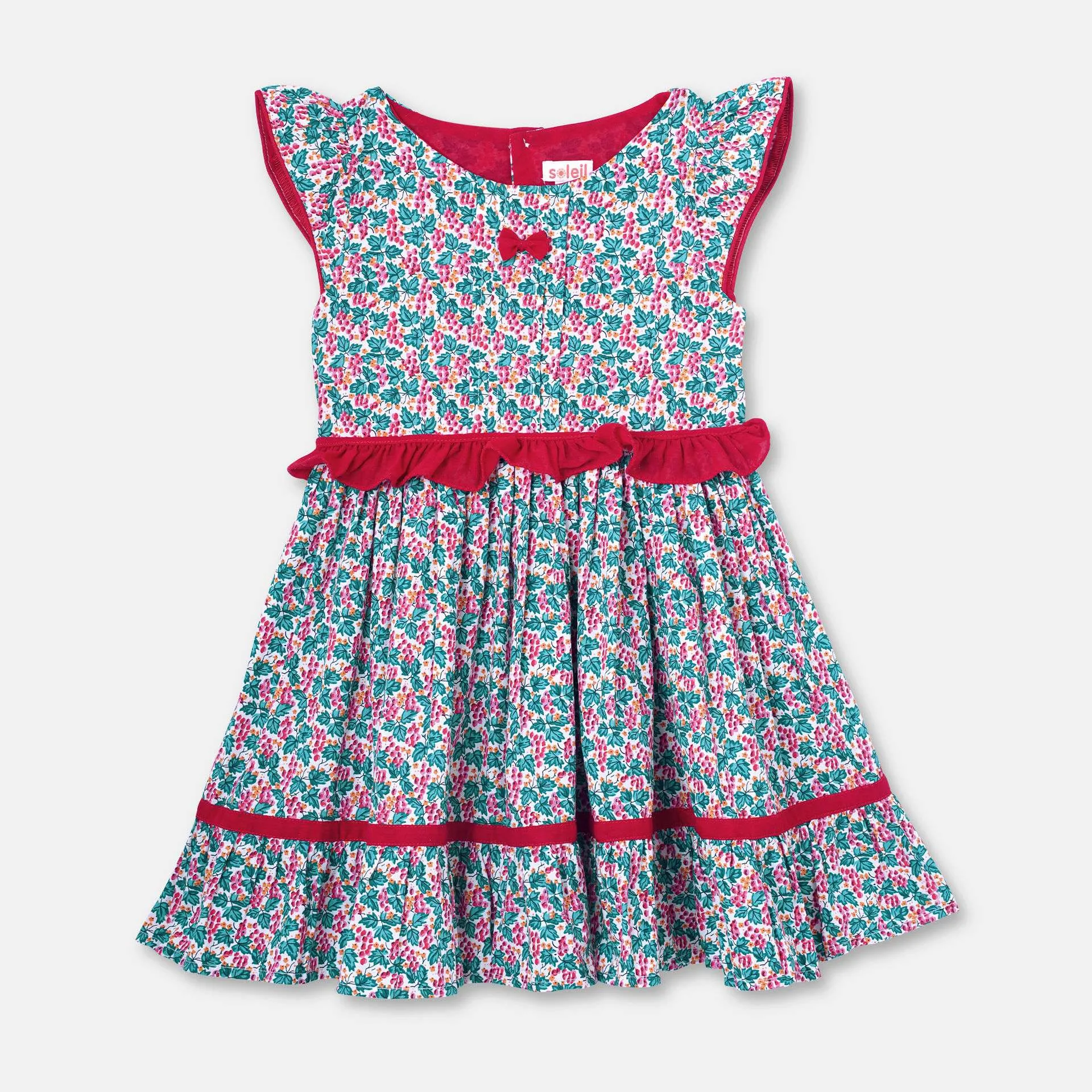 Red & Green Floral Print GirlsDress With Ruffle Belt
