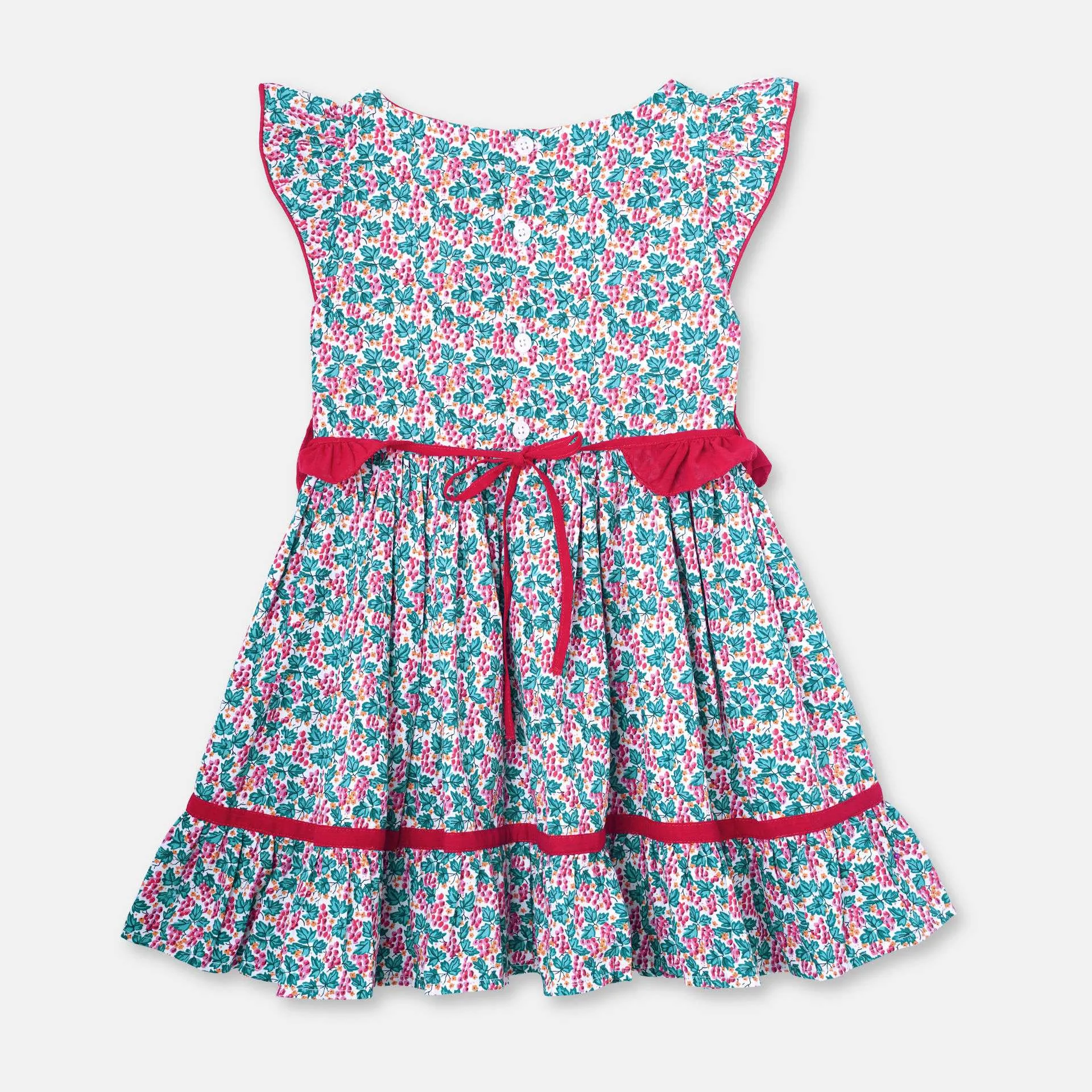 Red & Green Floral Print GirlsDress With Ruffle Belt
