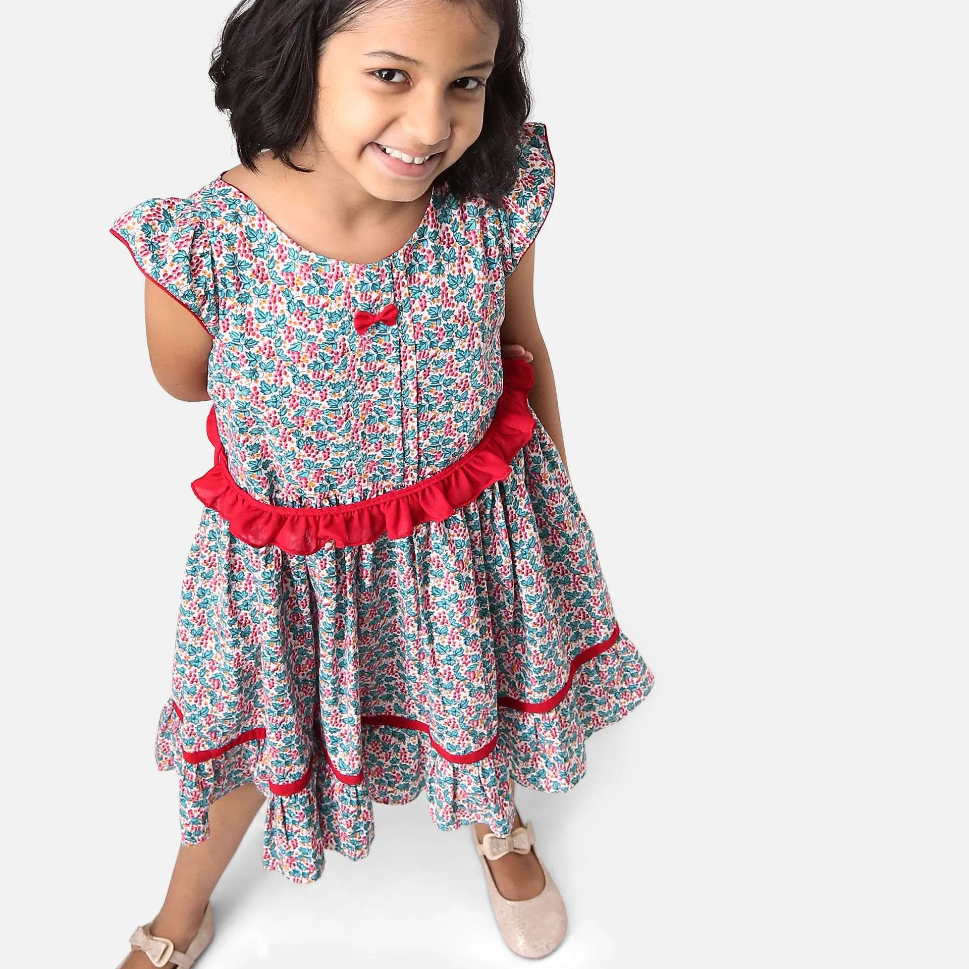 Red & Green Floral Print GirlsDress With Ruffle Belt