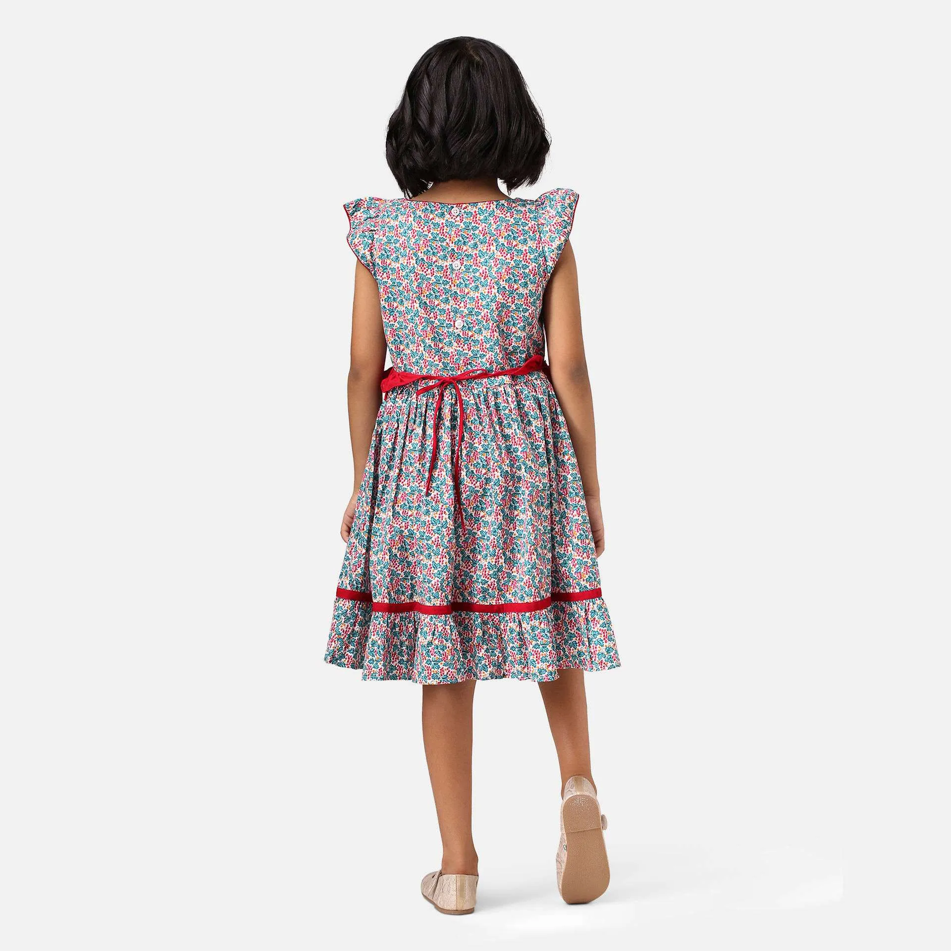 Red & Green Floral Print GirlsDress With Ruffle Belt