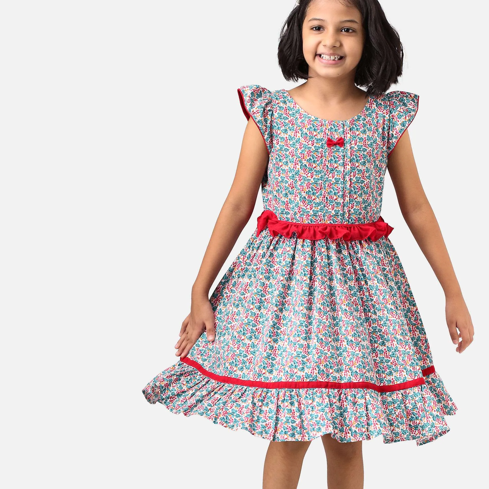 Red & Green Floral Print GirlsDress With Ruffle Belt