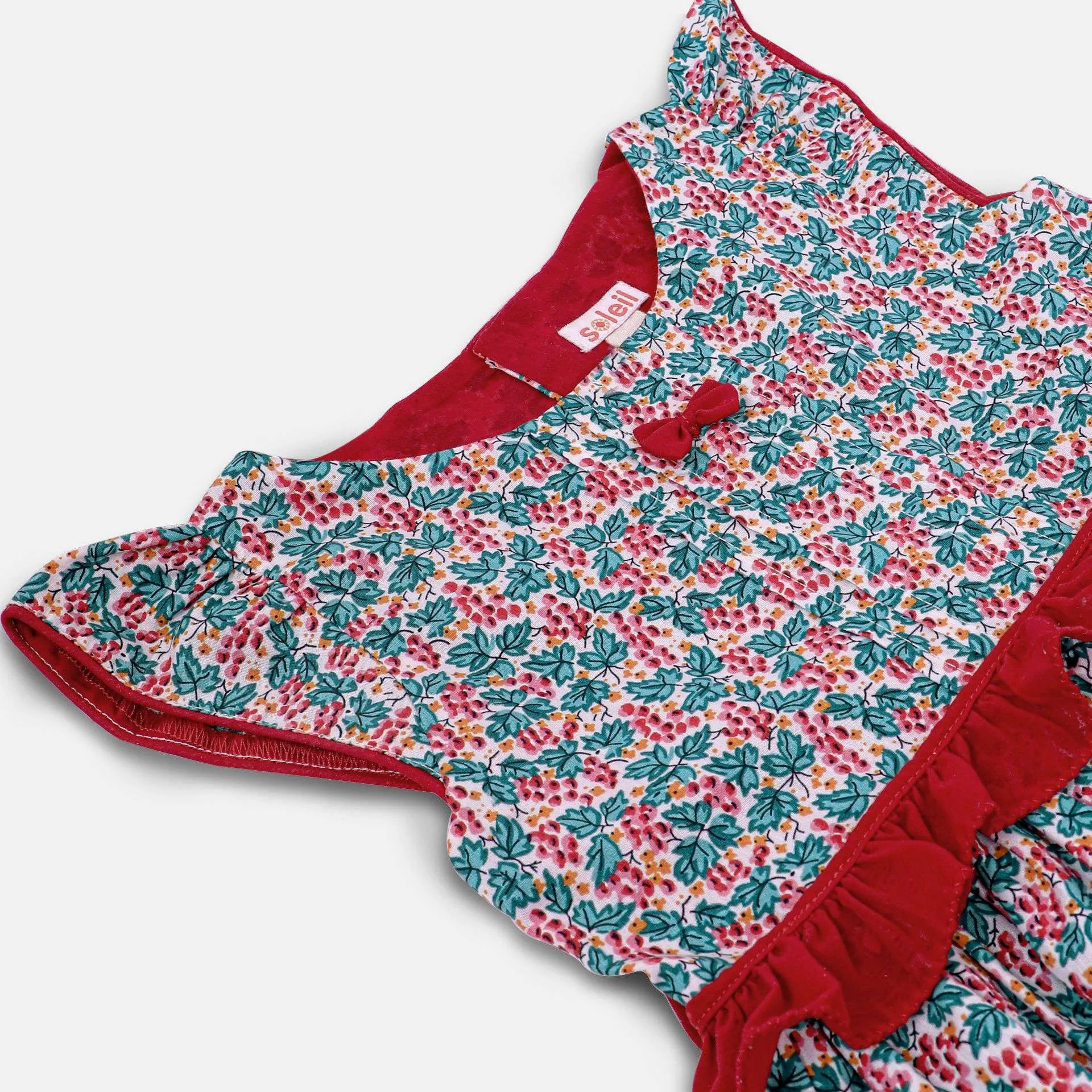 Red & Green Floral Print GirlsDress With Ruffle Belt