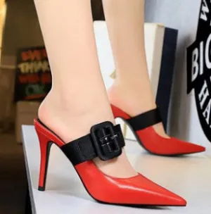 Red and black belt buckle shoe
