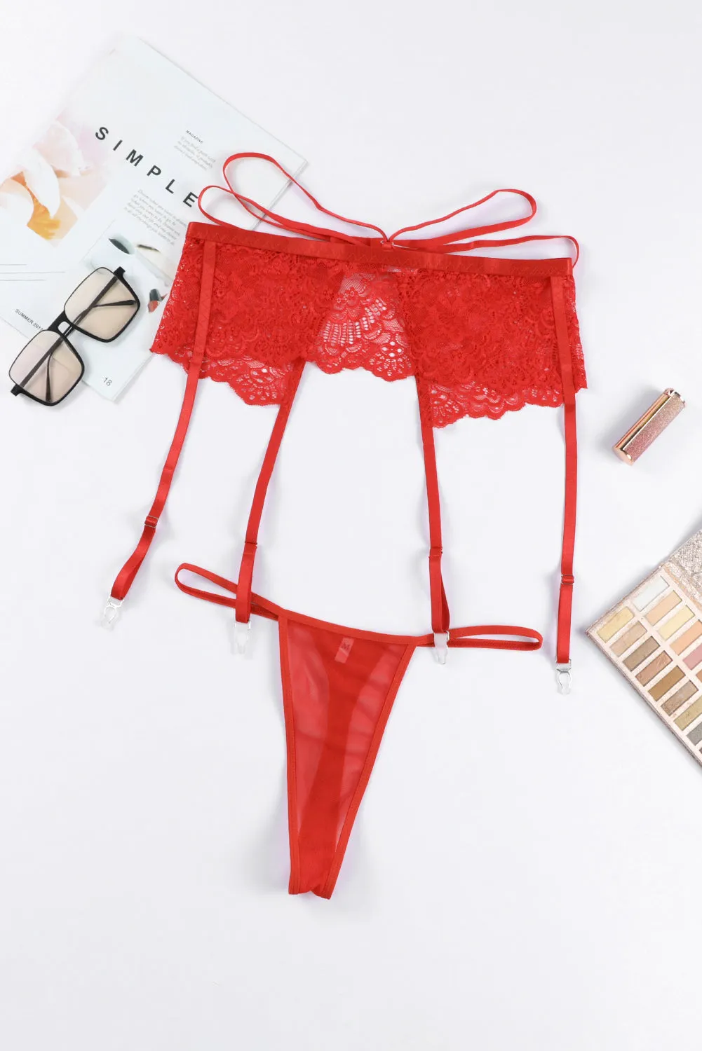 Red Lace Strappy Garter Belt With Thong