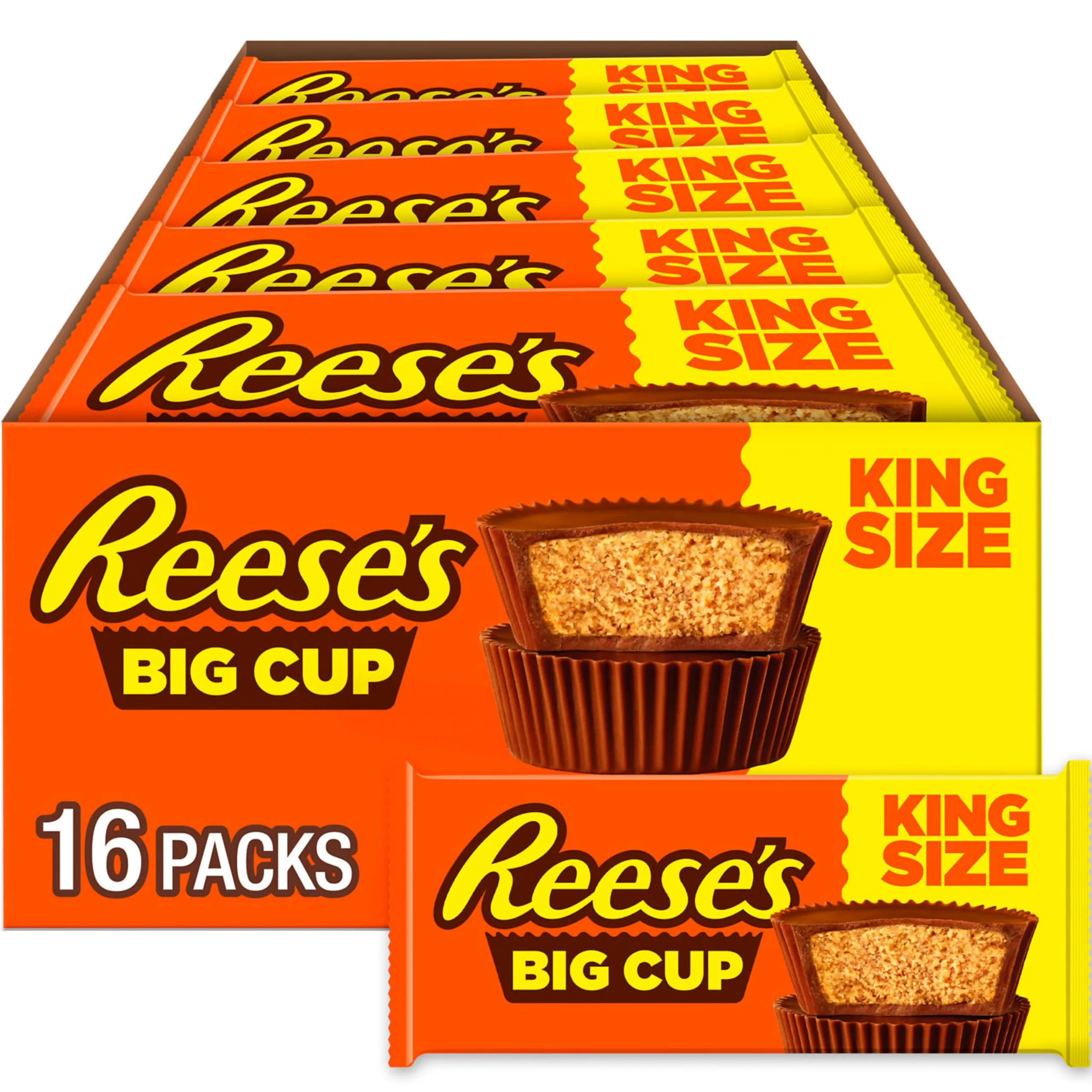 REESE'S Big Cup Milk Chocolate King Size Peanut Butter Cups, Candy Packs, 2.8 oz (16 Count).