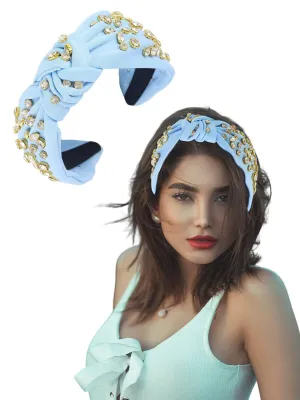 Rhinestone Knotted Headband for Women and Girls, Luxury Sparkling Crystal Handmade Embellished Twist Knot Top Hairband for Wedding Party Prom Banquet Hair Decoration Gifts(Blue)