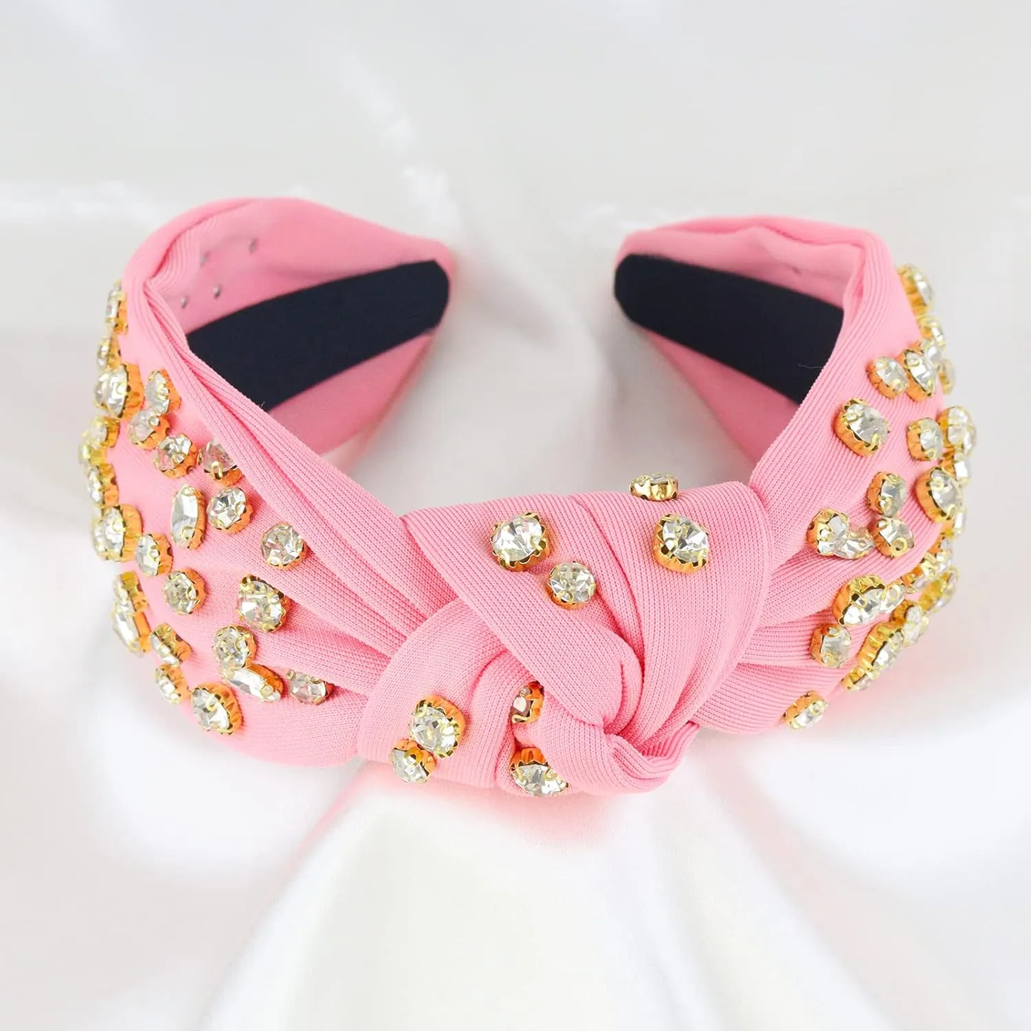 Rhinestone Knotted Headband for Women and Girls, Luxury Sparkling Crystal Handmade Embellished Twist Knot Top Hairband for Wedding Party Prom Banquet Hair Decoration Gifts(Pink)