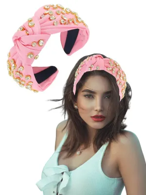 Rhinestone Knotted Headband for Women and Girls, Luxury Sparkling Crystal Handmade Embellished Twist Knot Top Hairband for Wedding Party Prom Banquet Hair Decoration Gifts(Pink)