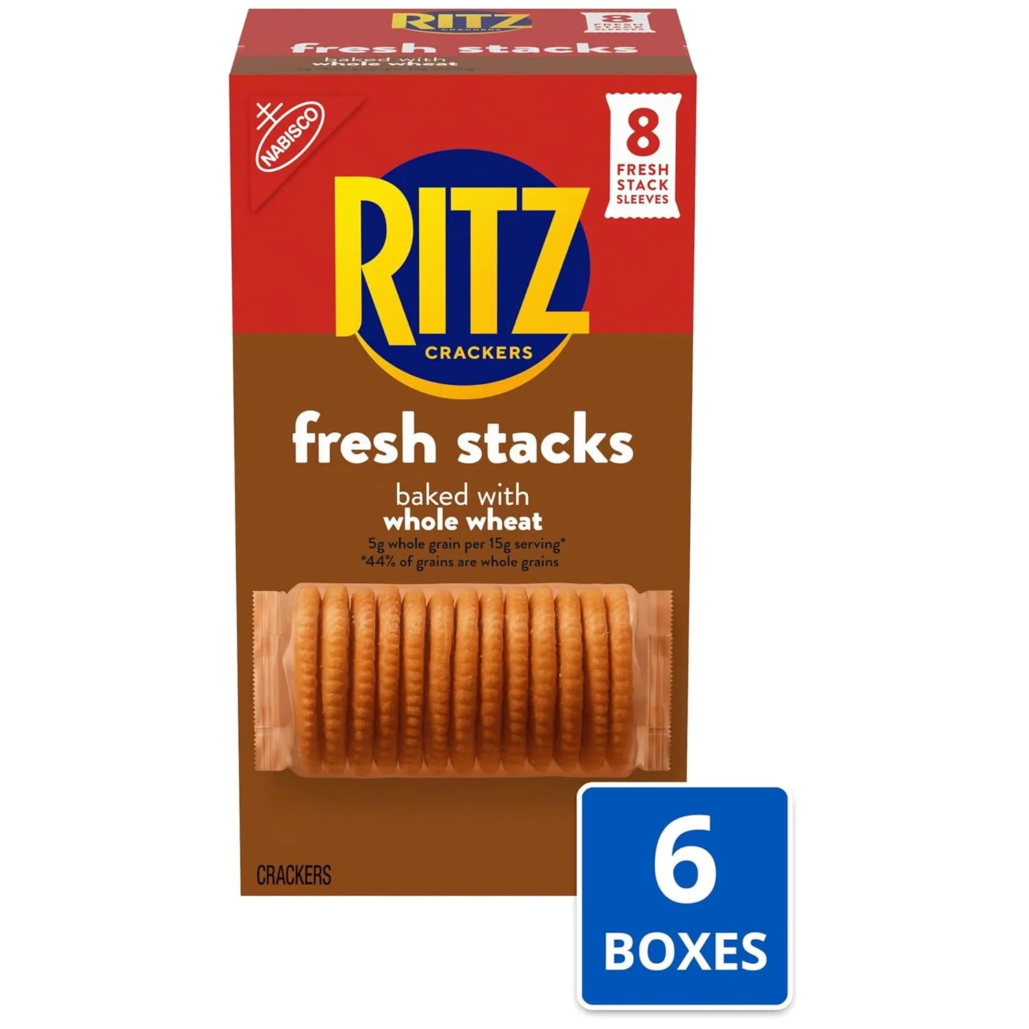 RITZ Fresh Stacks Whole Wheat Crackers, Bulk Travel Snacks, 6 Boxes (48 Multi Snack Packs)