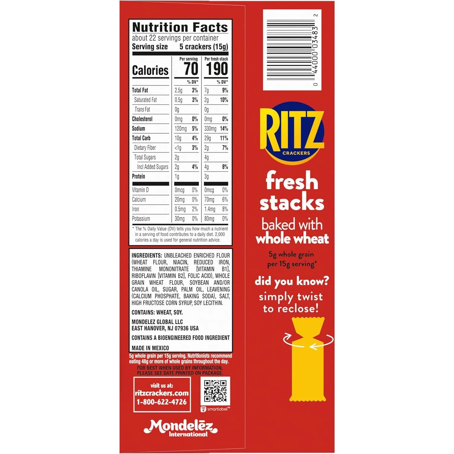 RITZ Fresh Stacks Whole Wheat Crackers, Bulk Travel Snacks, 6 Boxes (48 Multi Snack Packs)