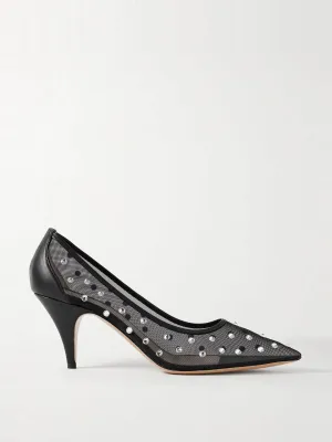 River Iconic leather-trimmed crystal-embellished mesh pumps