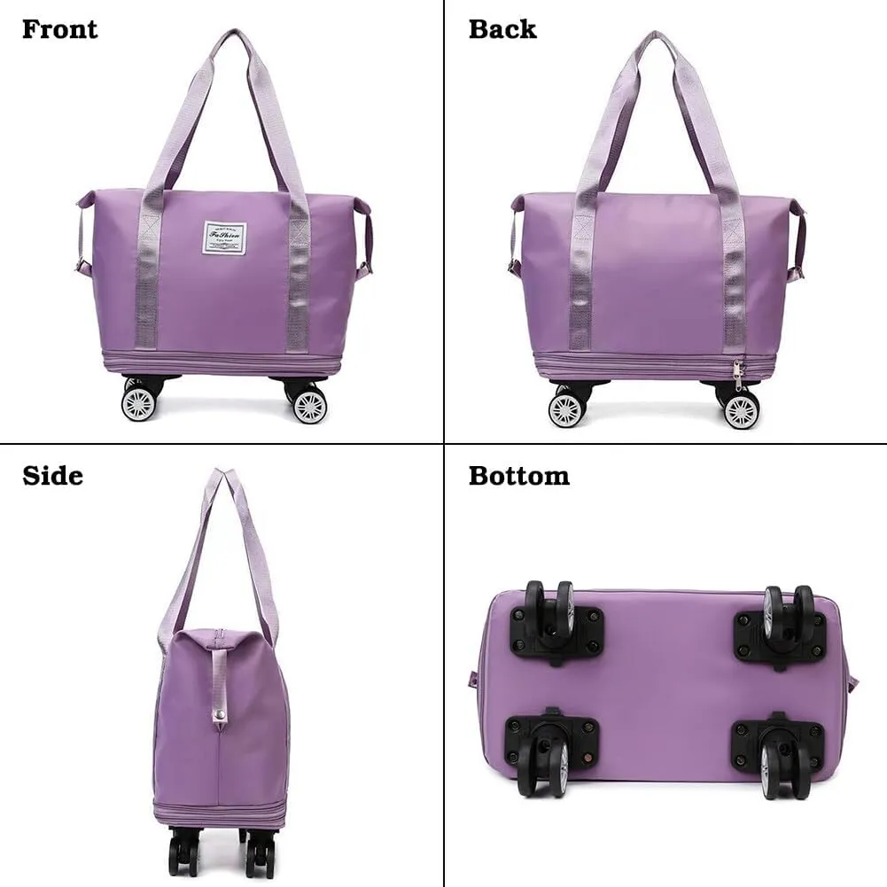 Rolling Duffle Bag with Wheels and Handle Foldable Travel Bag Expandable Carry on Bag with Detachable Casters Wheeled Weekender Bag for Women & Men - Black