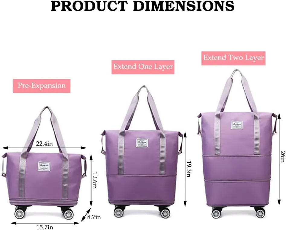 Rolling Duffle Bag with Wheels and Handle Foldable Travel Bag Expandable Carry on Bag with Detachable Casters Wheeled Weekender Bag for Women & Men - Black