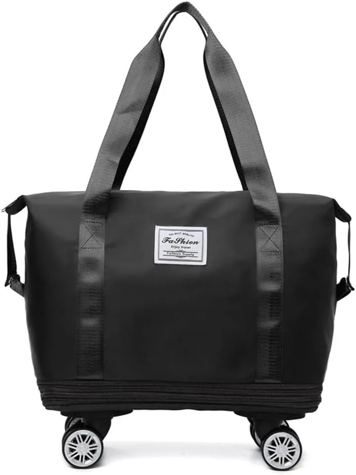 Rolling Duffle Bag with Wheels and Handle Foldable Travel Bag Expandable Carry on Bag with Detachable Casters Wheeled Weekender Bag for Women & Men - Black