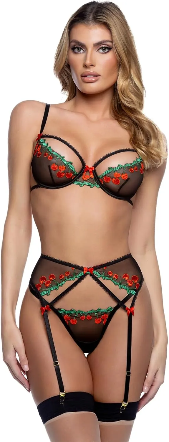 Roma Costume Sexy Garter Belt Lingerie Set: Cherry Delight Strappy 3 Piece Mesh & Lace Bra and Panties Lingerie Garter Set