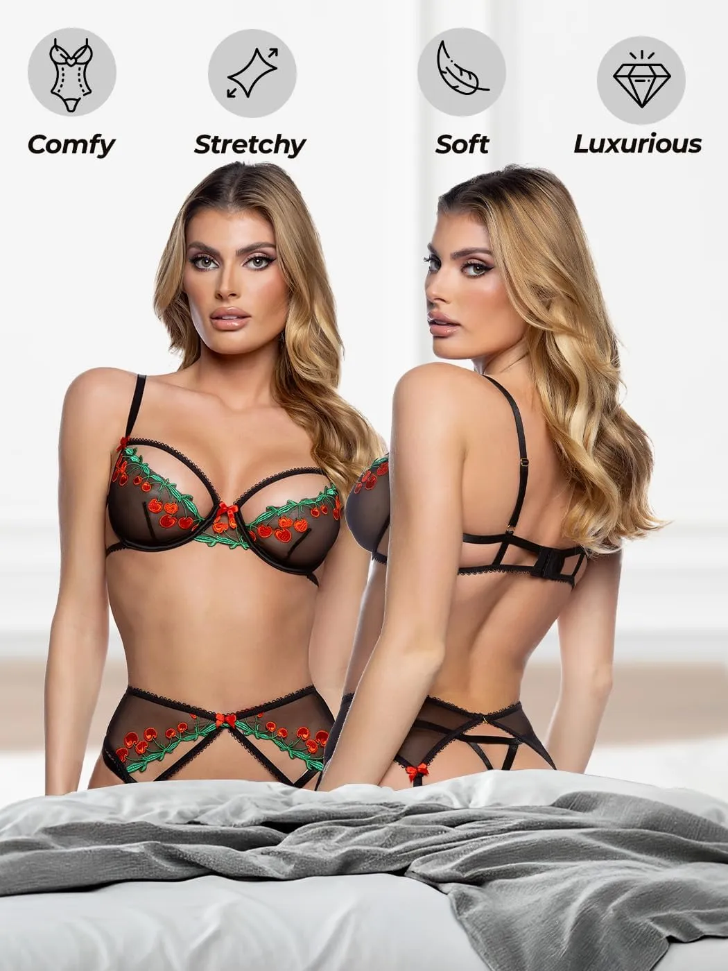 Roma Costume Sexy Garter Belt Lingerie Set: Cherry Delight Strappy 3 Piece Mesh & Lace Bra and Panties Lingerie Garter Set