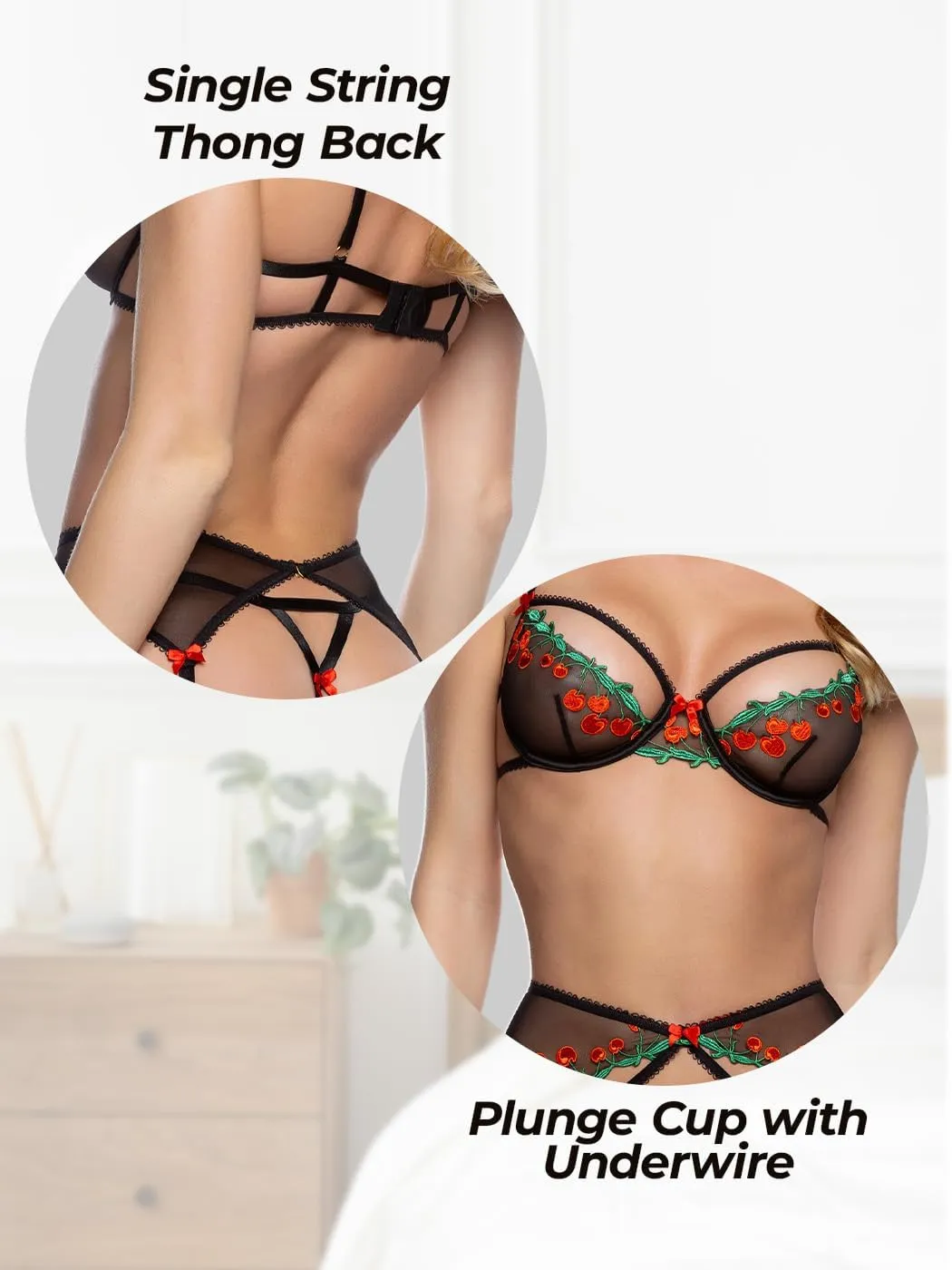 Roma Costume Sexy Garter Belt Lingerie Set: Cherry Delight Strappy 3 Piece Mesh & Lace Bra and Panties Lingerie Garter Set