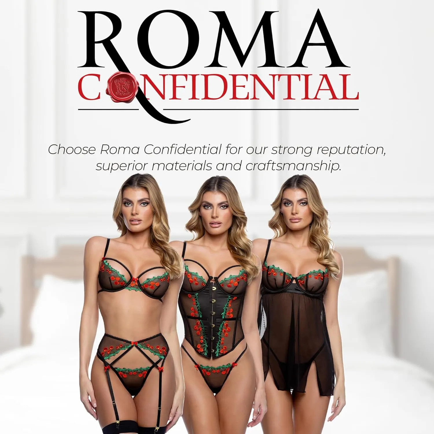 Roma Costume Sexy Garter Belt Lingerie Set: Cherry Delight Strappy 3 Piece Mesh & Lace Bra and Panties Lingerie Garter Set