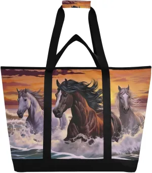 Running Herds of Horses Reusable Insulated Lunchbox Cooler Bag, Leakproof Kitchen Grocery Bag Collapsible Portable Cooler Tote Bag for Picnic, Camping, Office, Travel