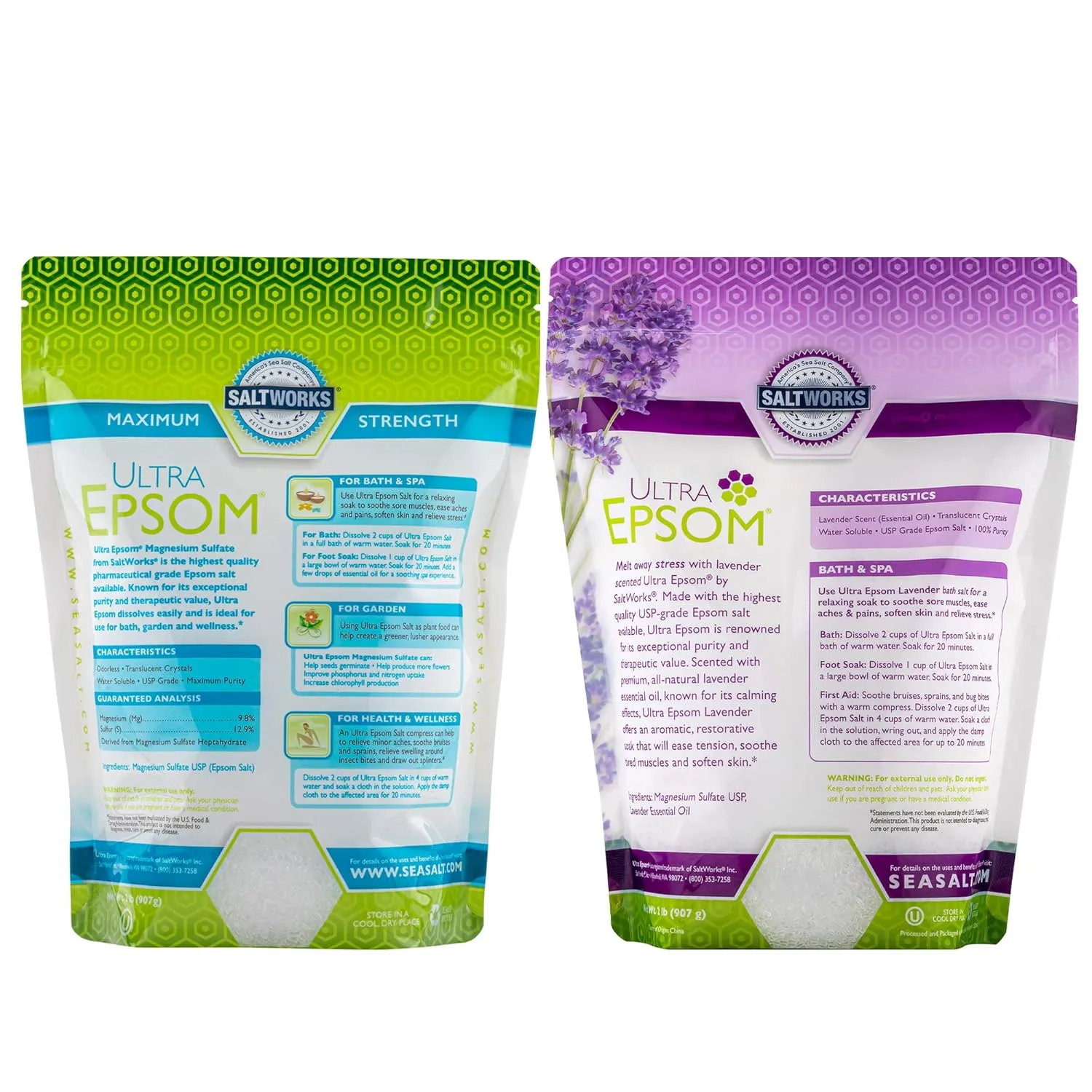SaltWorks Ultra Epsom Premium Epsom Salt, Lavender Scented & Medium Unscented Bundle, 4 Pounds