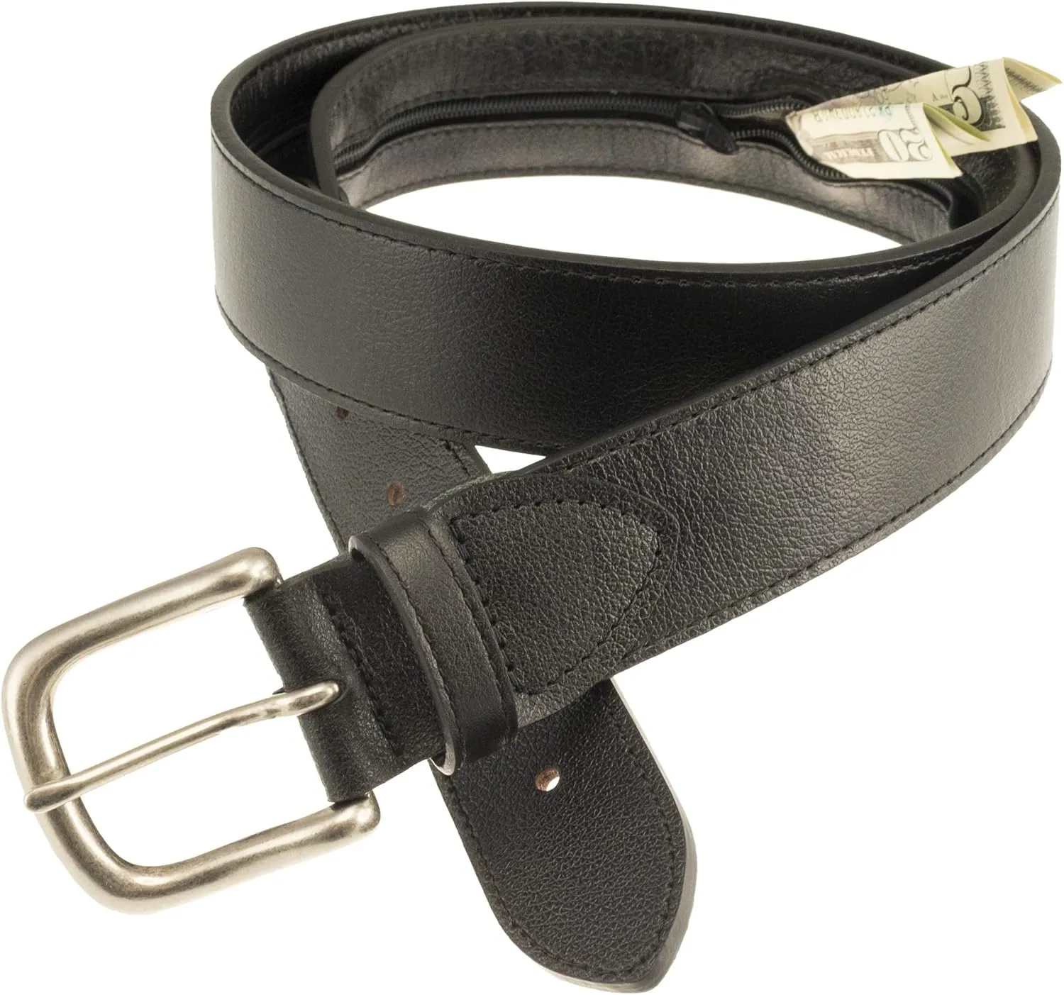 Sandpoint Leather Tab Money Belt with Extra Spacious Zipper Pocket (Black, 34)
