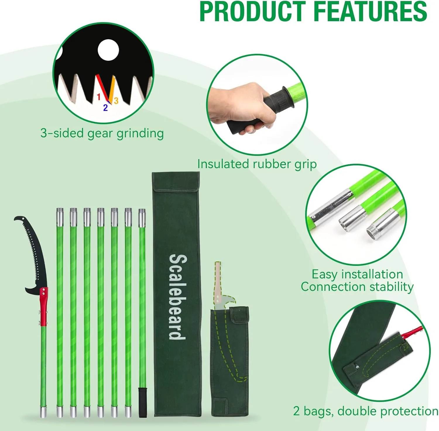 Scalebeard Manual Pole Saw,7.8-26 Ft Extendable Pole Saws for Tree Trimming with Sharp Steel Blade,Lightweight & High Strength Pole Pruner for High Reach Trimming,Palm Tree Maintenance(Bags Included)