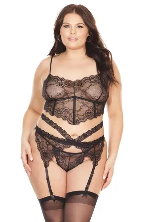 Scallop Stretch Lace Bra, Garter Belt & G-String Set