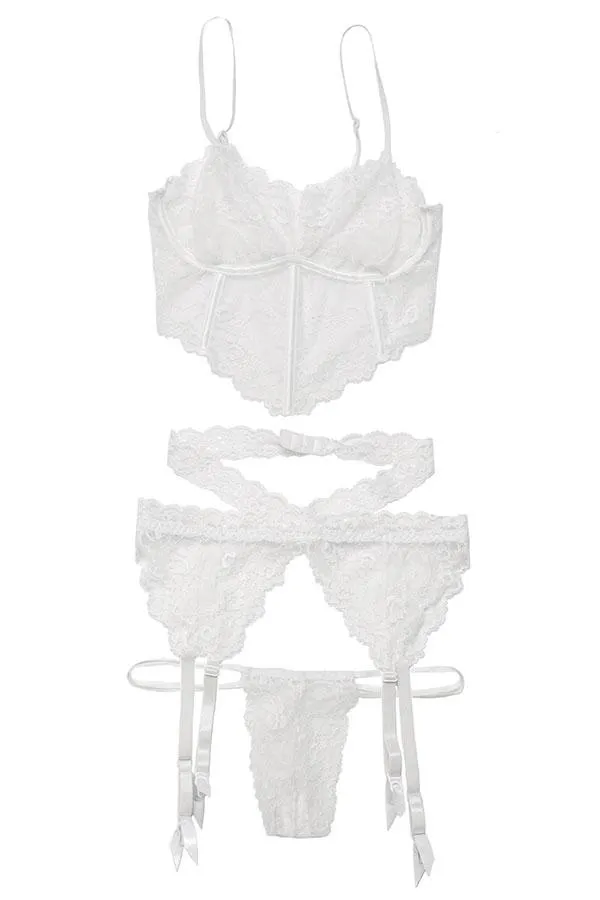 Scallop Stretch Lace Bra, Garter Belt & G-String Set