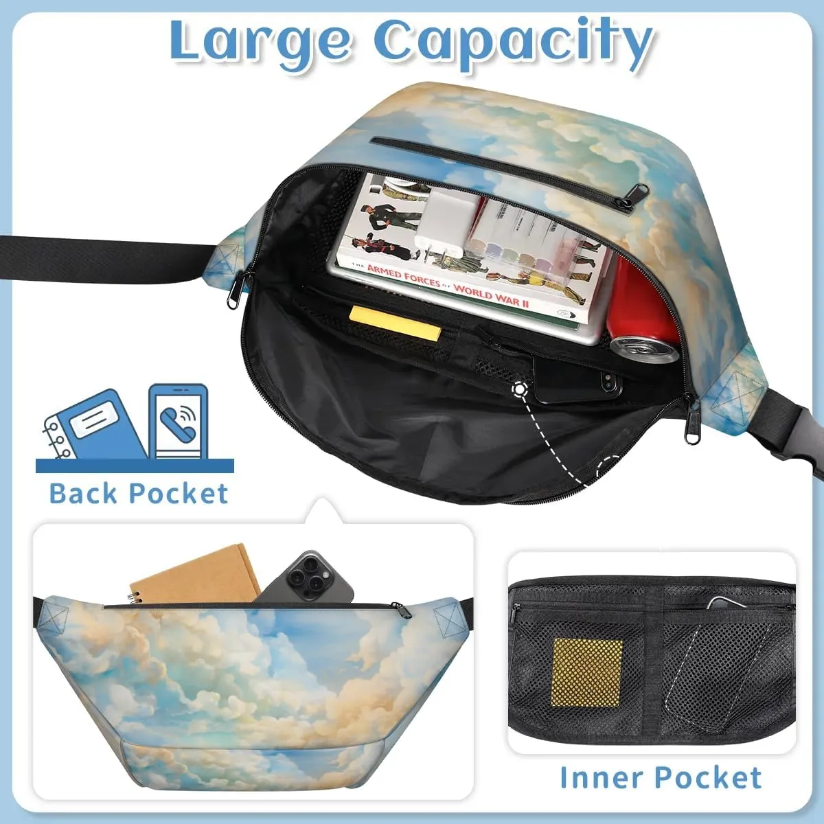 Sea Sky Sling Bag Crossbody Backpack Chest Daypack for Women Sport Travel Hiking Casual Bag Multipurpose Waist Pack With Zipper Closure Adjustable Strap Shoulder Bag