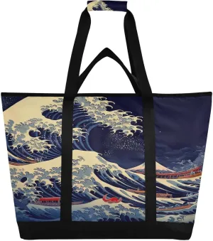 Sea Wave Reusable Insulated Lunchbox Cooler Bag, Leakproof Kitchen Grocery Bag Collapsible Portable Cooler Tote Bag for Picnic, Camping, Office, Travel