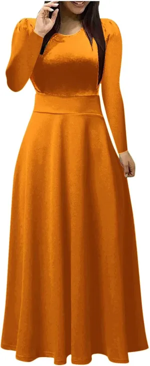 Semi Formal Dresses for Women Knee Length Long Sleeve Causal Empire Waist Maxi Dress Plus Size Crewneck Ruffle Dress