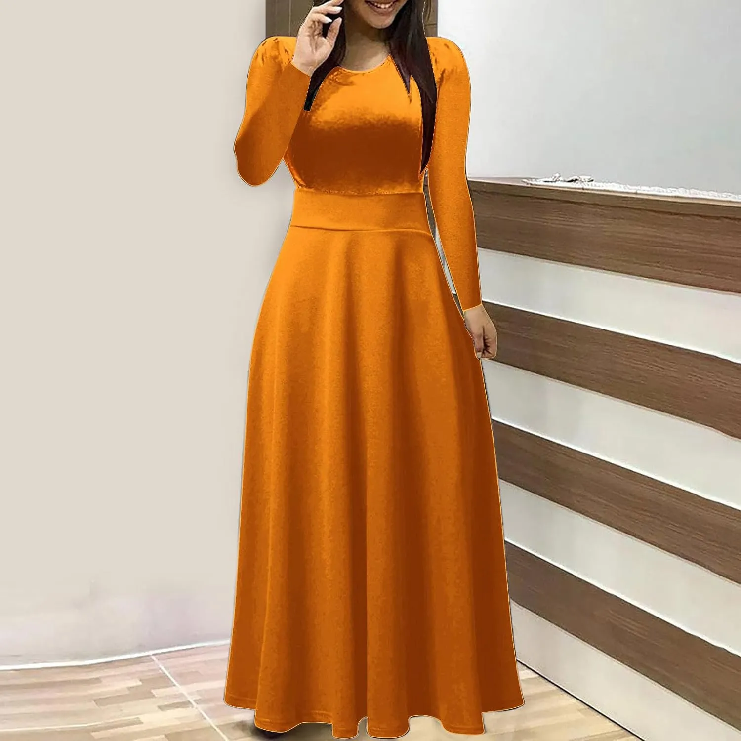 Semi Formal Dresses for Women Knee Length Long Sleeve Causal Empire Waist Maxi Dress Plus Size Crewneck Ruffle Dress
