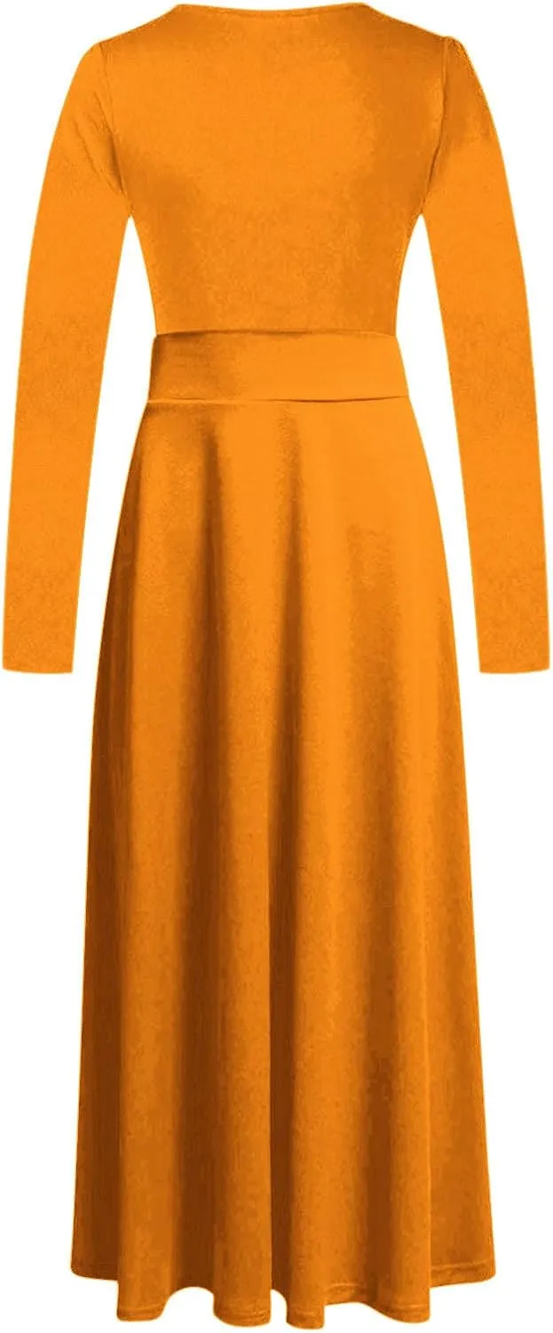 Semi Formal Dresses for Women Knee Length Long Sleeve Causal Empire Waist Maxi Dress Plus Size Crewneck Ruffle Dress