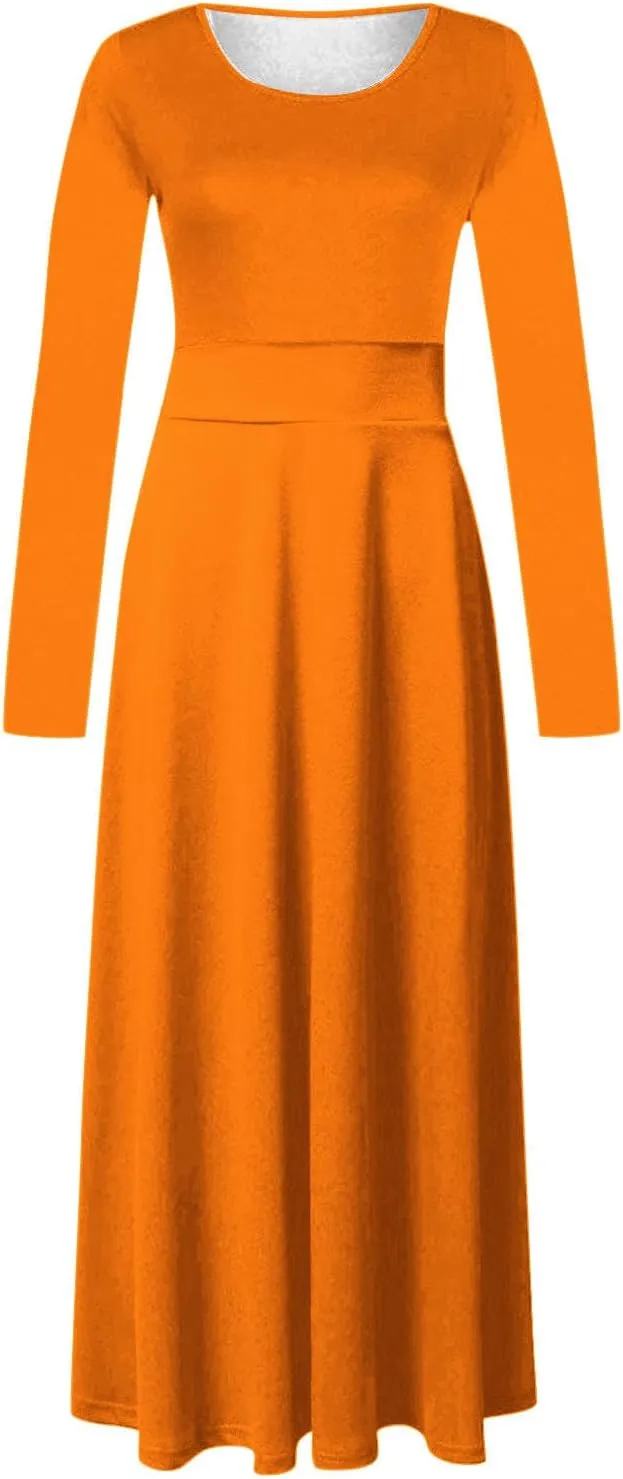Semi Formal Dresses for Women Knee Length Long Sleeve Causal Empire Waist Maxi Dress Plus Size Crewneck Ruffle Dress
