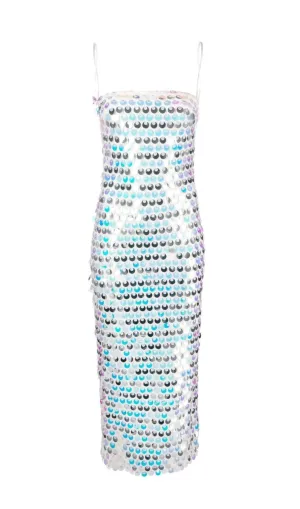 SEQUIN-EMBELLISHED SLEEVELESS MIDI DRESS IN BLUE