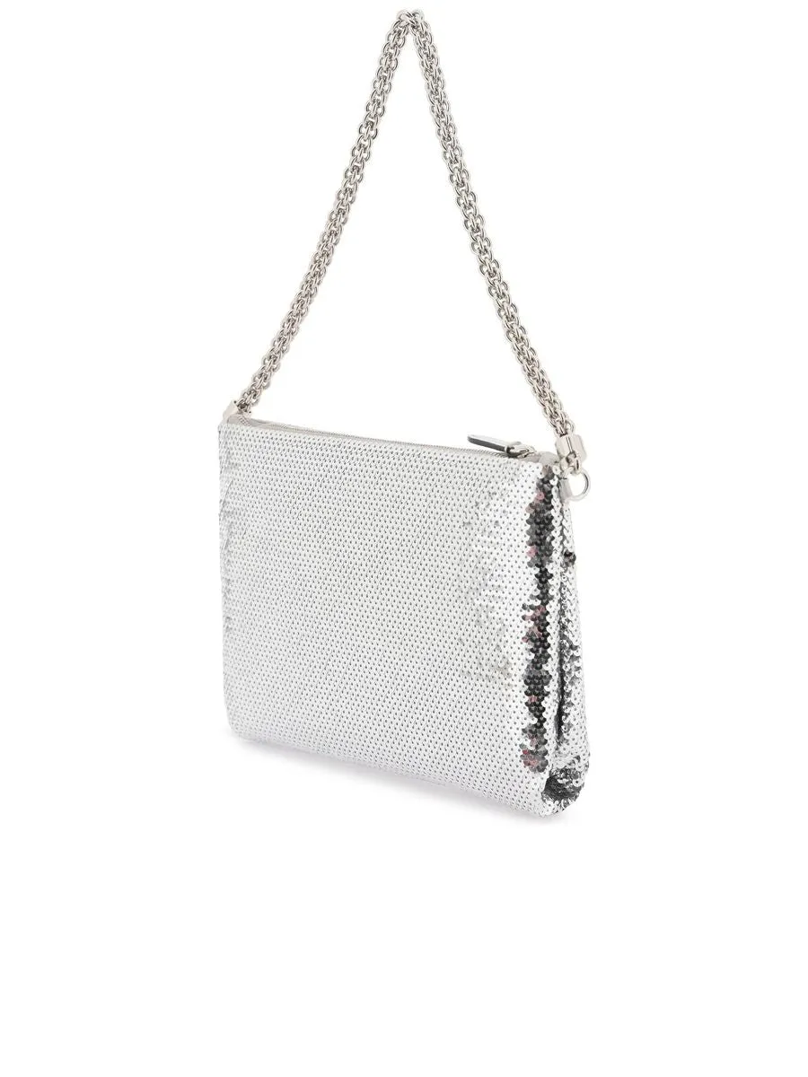Sequined Shoulder Bag with Chain Handle and Zip Closure