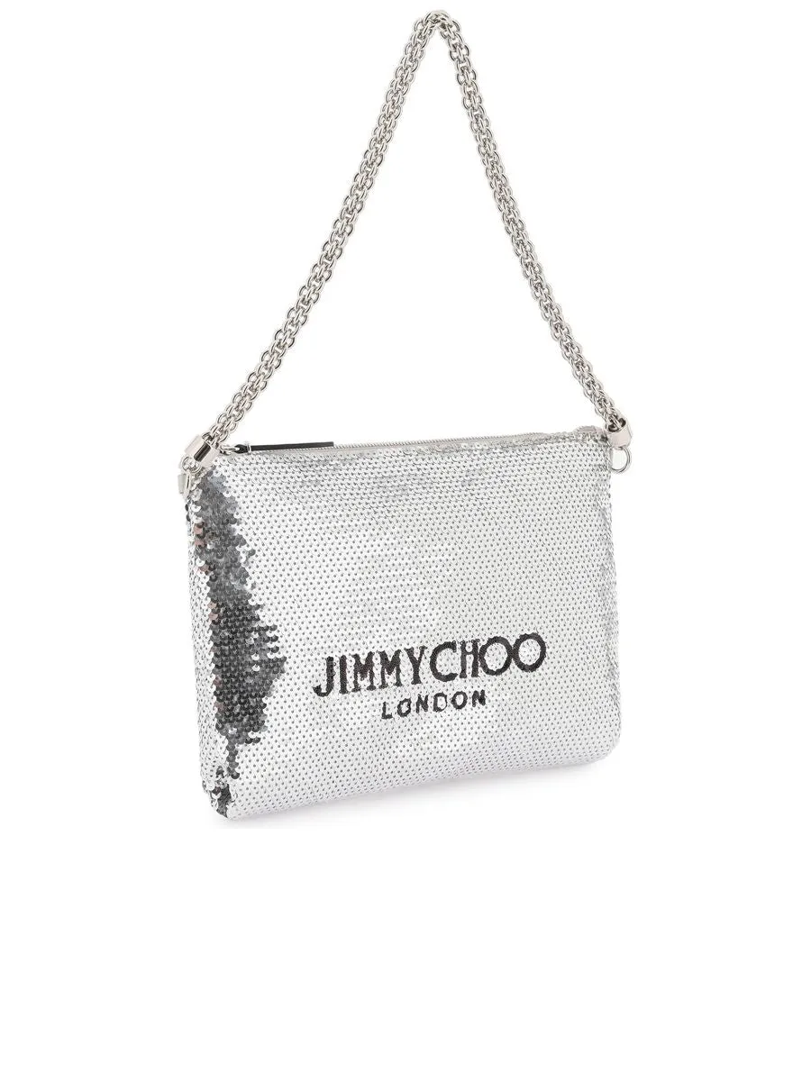 Sequined Shoulder Bag with Chain Handle and Zip Closure