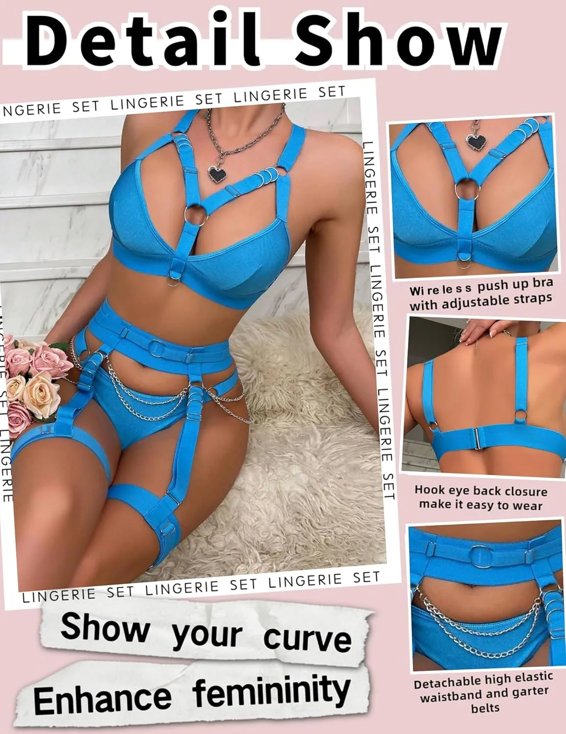 Sexy Lingerie Set For Women With Garter Belt 5 Pieces Strappy Bra and Panty Set Adjustable With Chain