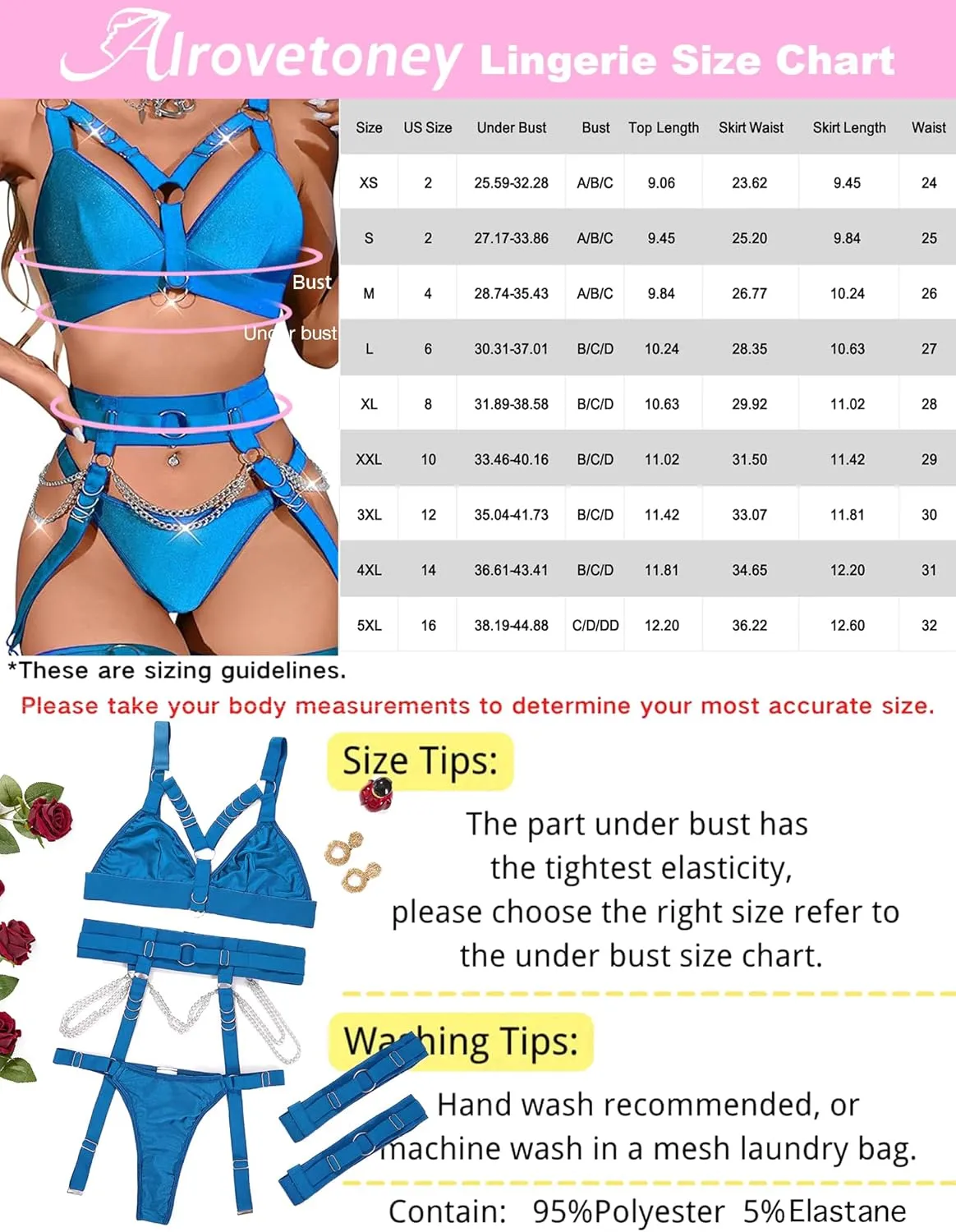 Sexy Lingerie Set For Women With Garter Belt 5 Pieces Strappy Bra and Panty Set Adjustable With Chain