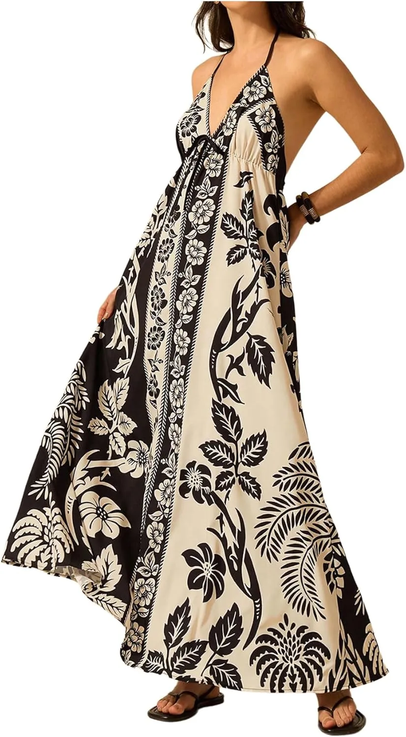 SHENHE Women's Summer Tropical Floral Halter Maxi Dress Open Back Empire Waist Flowy Boho Dress