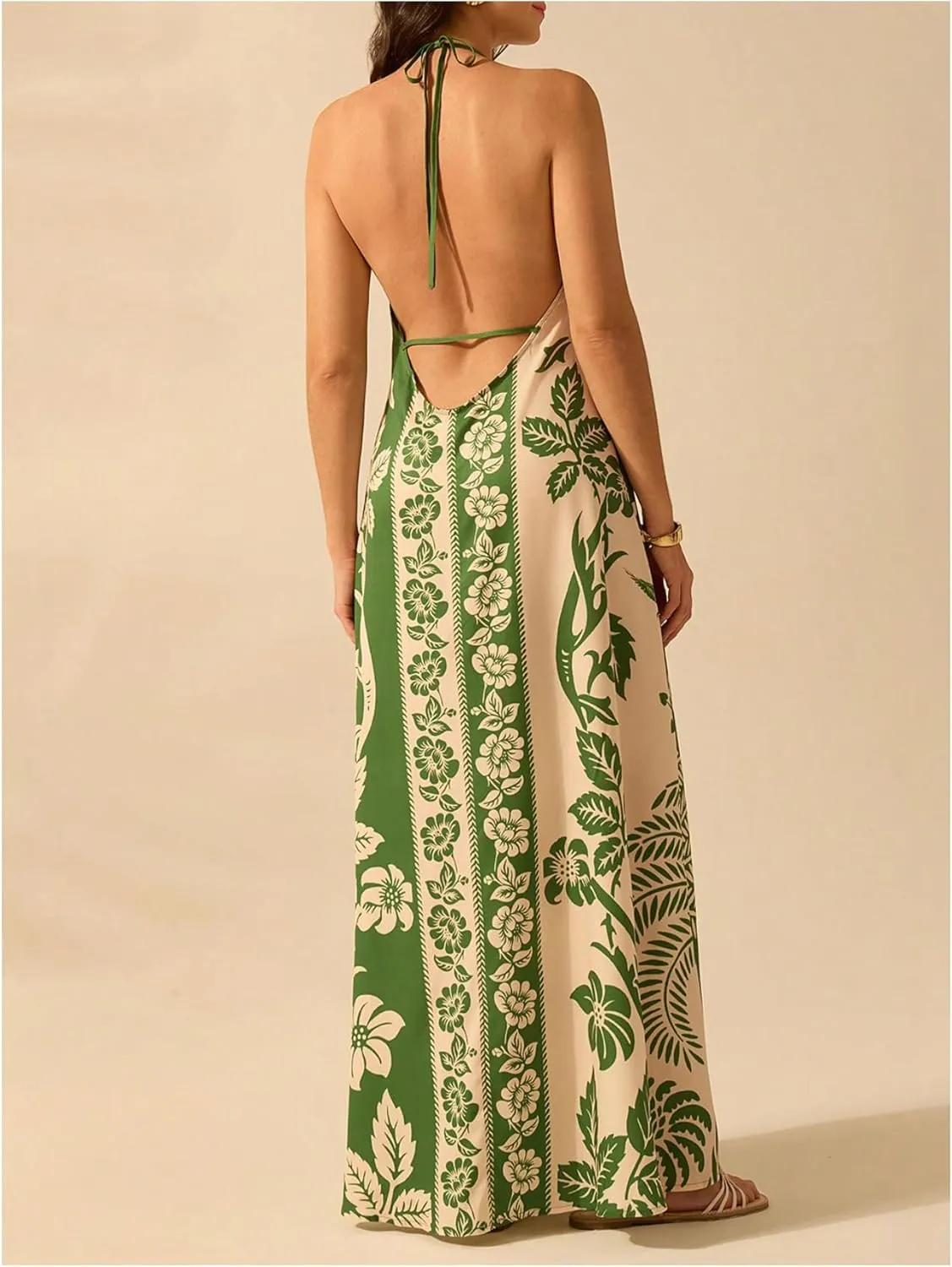 SHENHE Women's Summer Tropical Floral Halter Maxi Dress Open Back Empire Waist Flowy Boho Dress
