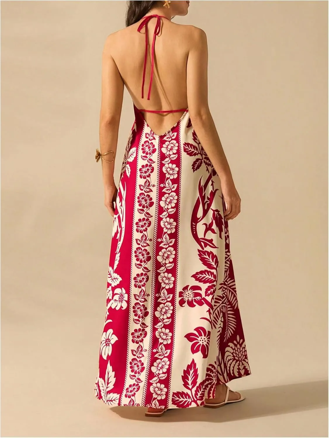 SHENHE Women's Summer Tropical Floral Halter Maxi Dress Open Back Empire Waist Flowy Boho Dress