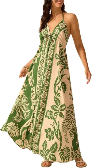 SHENHE Women's Summer Tropical Floral Halter Maxi Dress Open Back Empire Waist Flowy Boho Dress